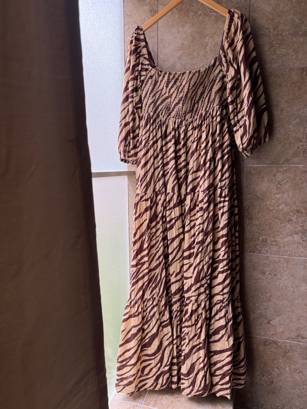 Blossom Maxi Dress Anthropologie Brown Zebra Stripe Pockets L Please Note FLAW